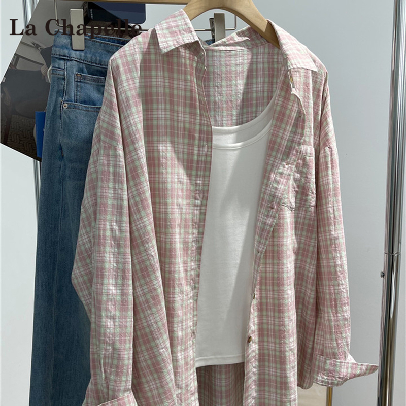 La Chapelle Pink Plaid Casual Shirt for Women, 2026 Summer New Style, Loose Sun-Protective Layered Shirt