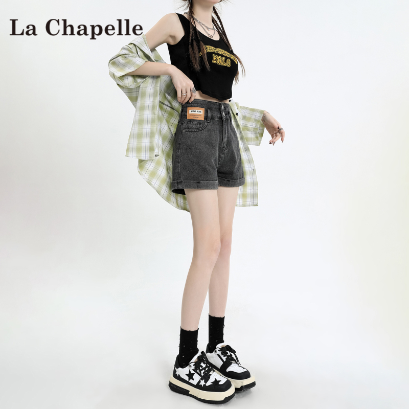 La Chapelle High-Waisted Rolled Hem Slimming Denim Shorts for Women 2026 Summer New Double-Button Petite Hot Girl Hot Pants