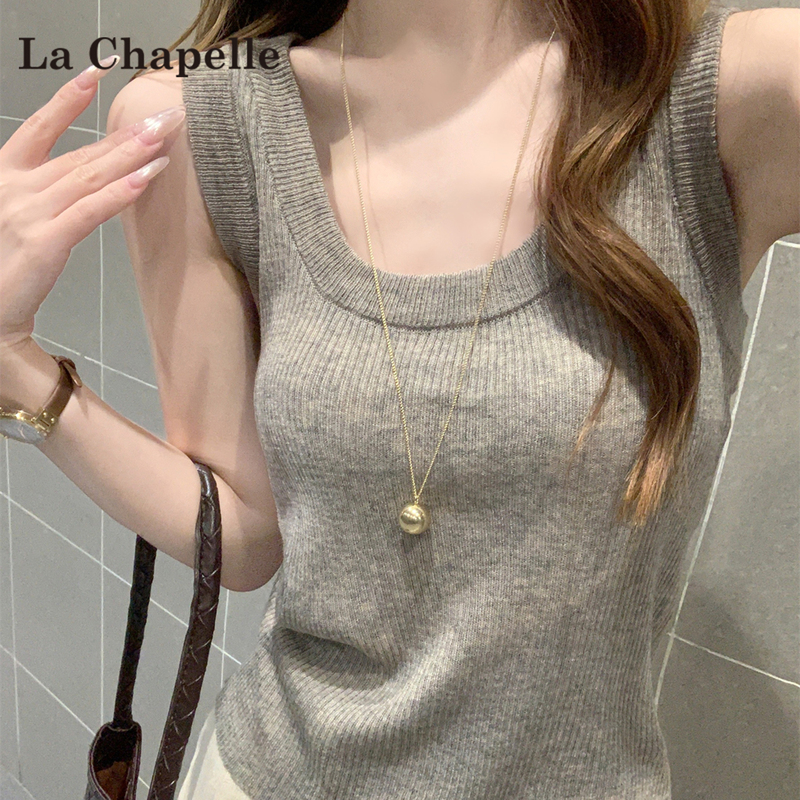La Chapelle Korean Style Elegant U-Neck Knitted Vest for Women, 2026 Summer New Slim-Fit Sleeveless Top