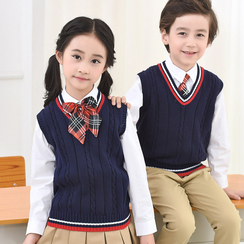 Children Knit Sweater Vest Boy Spring Autumn Pure Cotton Girl CUHK Scout Primary School Children's school uniforms Mao Line Machia-Taobao