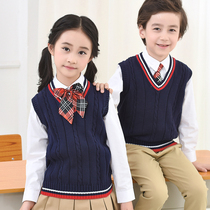 Childrens knitted sweater vest boys spring and autumn cotton girls Middle and big Children class uniforms primary school uniforms wool vest