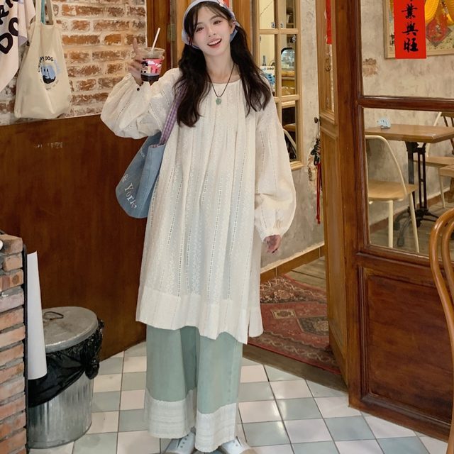 Plus size summer fat girl mm loose puff sleeves mid-length hollow embroidered long-sleeved shirt women's dress