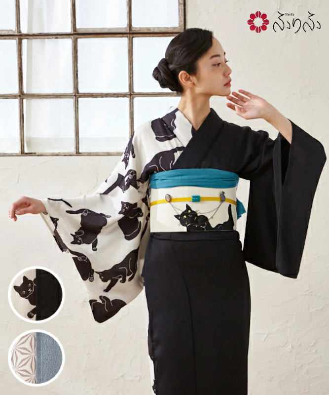 Japanese Women's Traditional Kimono with Small Pattern, Modern Style Cat Print, Vintage Double-Layer Lining Kimono Japanese Women's Traditional Kimono with Small Pattern, Modern Style Cat Print, Vintage Double-Layer Lining Kimono