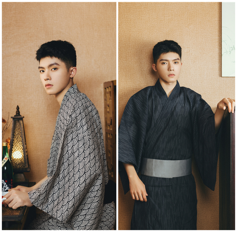 Japanese Traditional Men's Kimono Yukata Dark Blue Fine Pattern Bathhouse Robe Home Wear Corner Tie Wooden Clogs Spark Festival