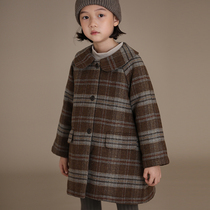 Hadtooth childrens clothing winter clothing new girls Childrens retro check medium and long dress single-breasted doll collar jacket