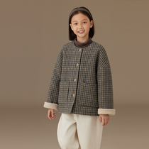 Haqi childrens clothing winter retro plaid childrens tops lamb wool splicing warm thickened woolen coat for girls