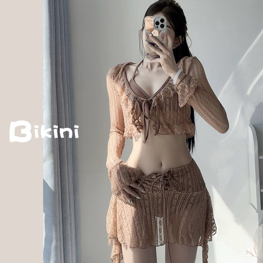 鲨鱼小姐裙式分体泳衣带胸垫四件套女蕾丝性感保守遮肉防晒比基尼