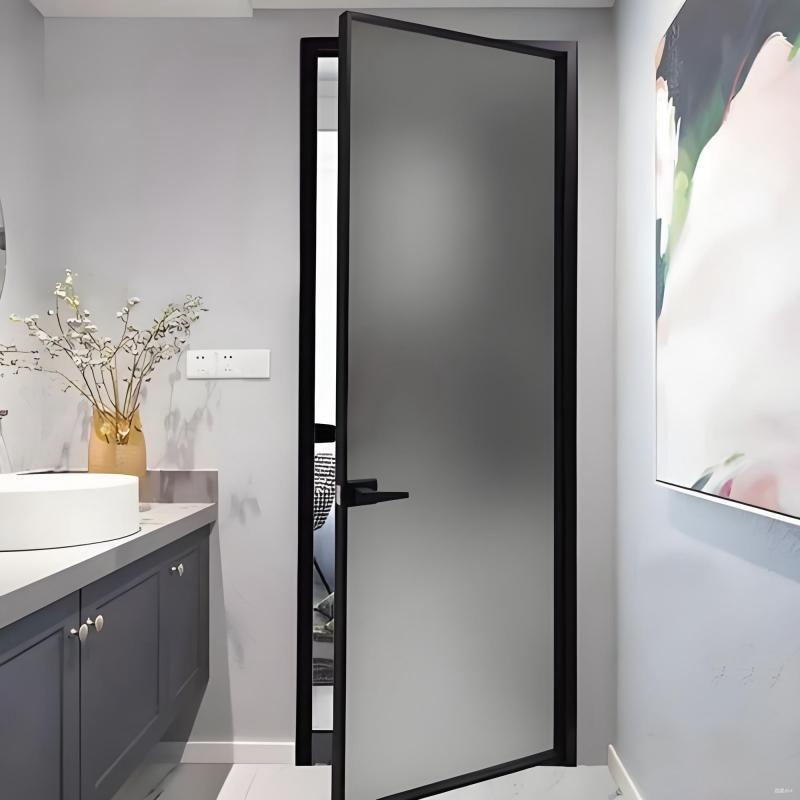 Extremely Narrow Frame Bathroom Door with Double-Layer Tempered Glass and Aluminum Alloy Frame, Single or Double Door Set for Kitchen and Toilet