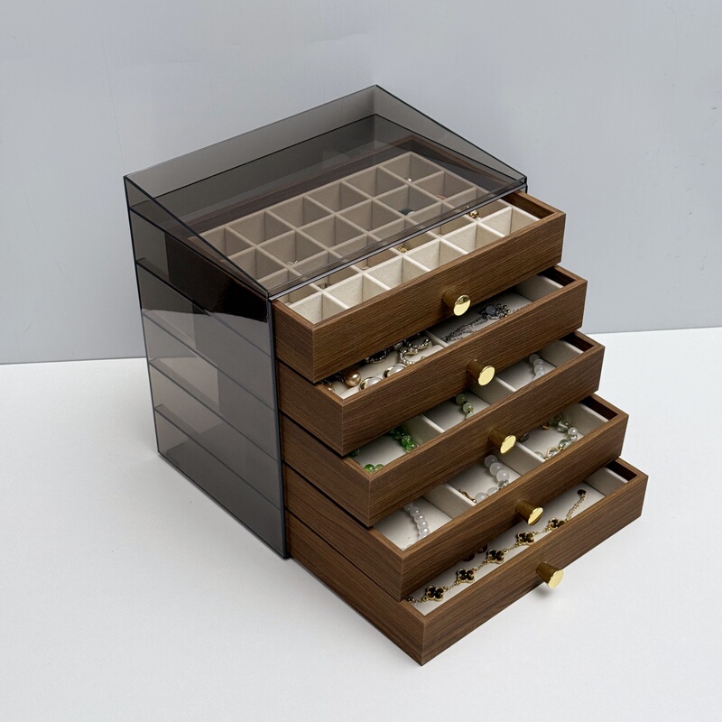 Jewelry Box with Five Layers, Large Capacity, Walnut Wood Grain, Drawer-Type, Transparent Ring and Bracelet Storage Box, High-End Jewelry Box