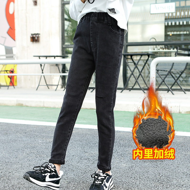 Girl's autumn winter new jeans CUHK Tong Smoke Tubes Pants Korean Version Plus Suede Children Foreign Pie stretch pants