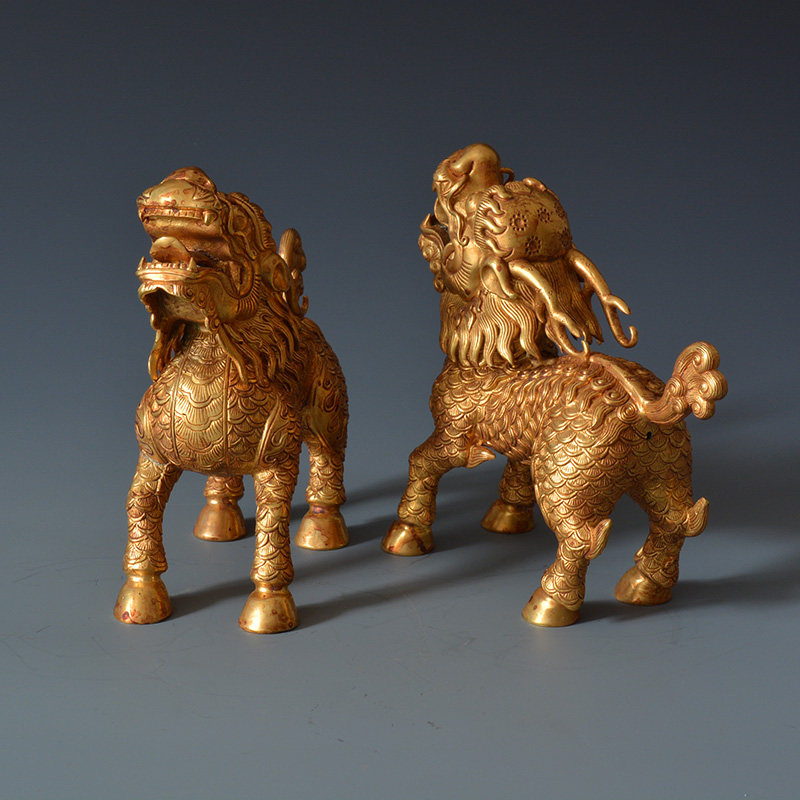 古玩古董收藏艺术品摆件麒麟一对：纯手工制作紫铜鎏金工艺珍藏神兽