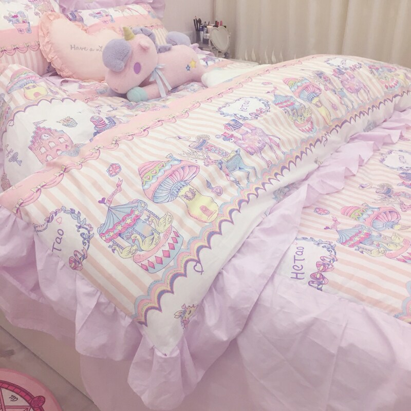 (Limited return)ins wind cotton pink purple lace circus bed skirt Girl heart four-piece set plus cotton