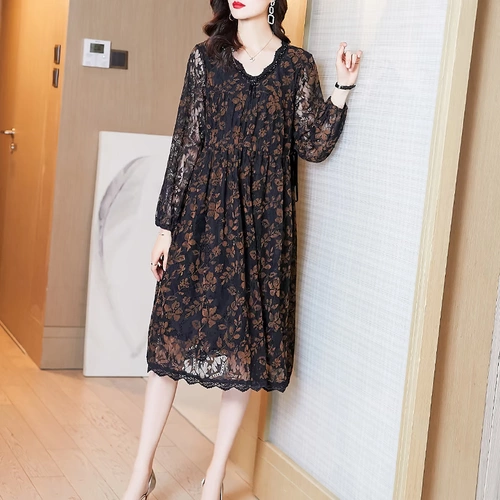 Весеннее платье, элитная длинная юбка, в цветочек, коллекция 2021, V-образный вырез, оверсайз