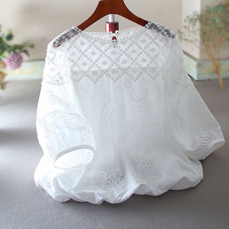Hollow-Out Doll Shirt with Unique Design, Lantern Sleeves, Elegant High-Waisted, Artistic Pure Cotton Embroidered Floral Blouse for Women, Summer Top