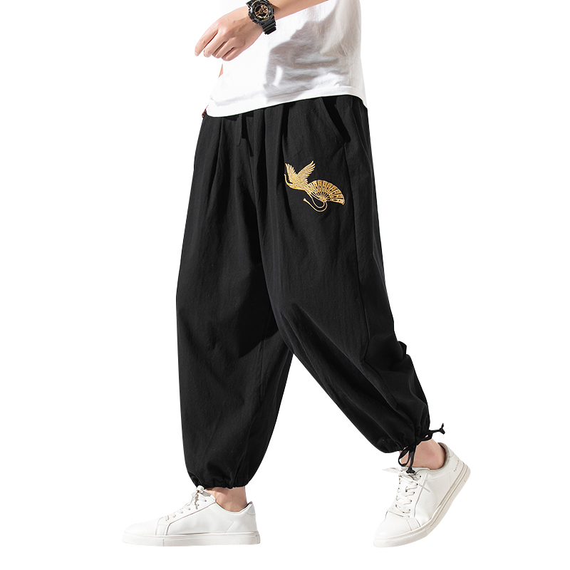 Linen quần của nam giới mùa hè sweatpants lỏng xà cạp gió Trung Quốc thêu bông quần chín điểm xu hướng lớn mã