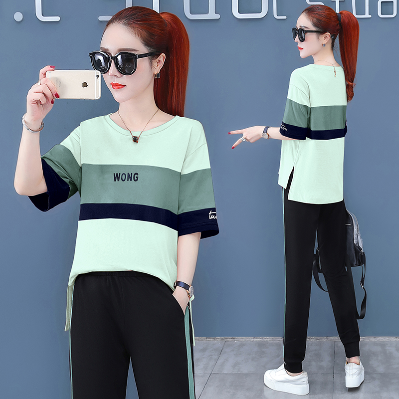 thể thao giản dị phù hợp với phụ nữ mùa hè váy 2020 mới lớn mã loose-fitting stint in edion ngắn tay áo hai mảnh bộ