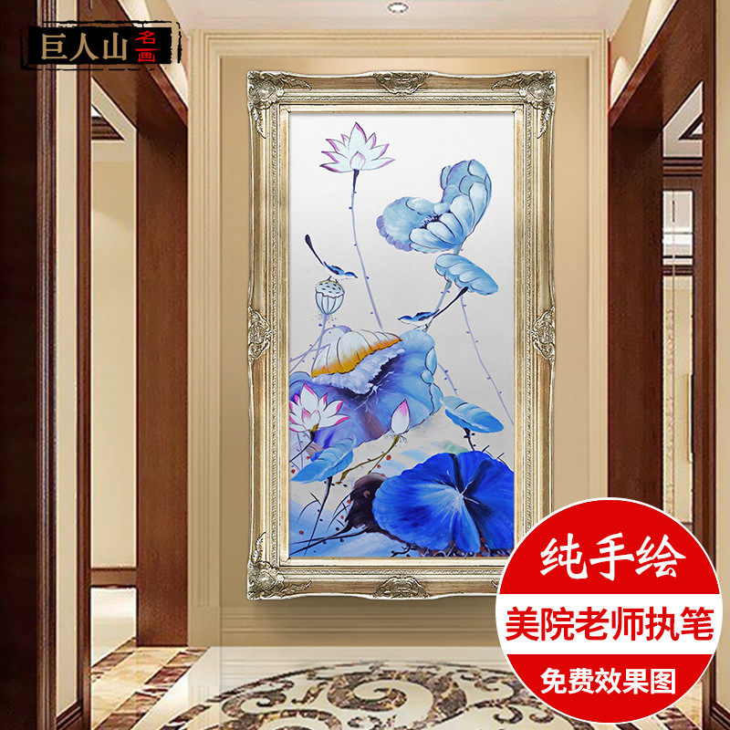 Yishuo New Chinese porch pure hand-painted oil painting corridor aisle home hanging painting porch mural lotus rhyme