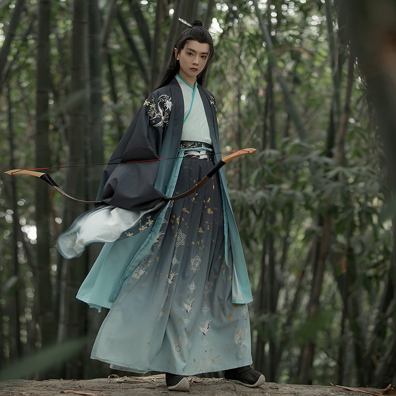 Yunshuji【He and the Crane】Cross-Collar, Waist-Length, Wei-Jin Style Ancient Costume, Large-Sleeved Shirt with Printed Embroidery Set, Couple's Two-Tone Hanfu