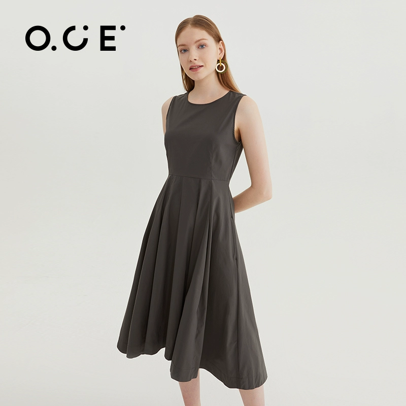 OCE mùa hè mới của phụ nữ không tay nhỏ màu đen váy đơn giản thắt lưng dài giữa - váy đầm