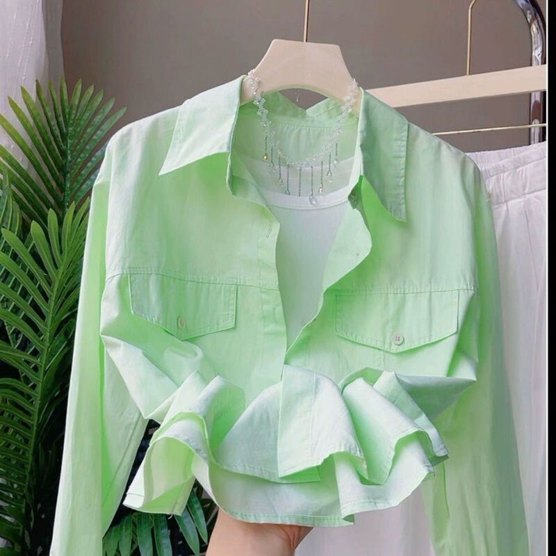 Gentle and Sweet Pink Long-Sleeved Pure Cotton Shirt for Women, New Autumn Style Casual and Stylish Polo Collar Short Cardigan Jacket Gentle and Sweet Pink Long-Sleeved Pure Cotton Shirt for Women, New Autumn Style Casual and Stylish Polo Collar Short Cardigan Jacket