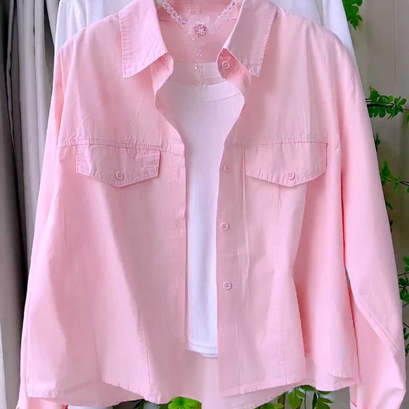 Gentle and Sweet Pink Long-Sleeved Pure Cotton Shirt for Women, New Autumn Style Casual and Stylish Polo Collar Short Cardigan Jacket