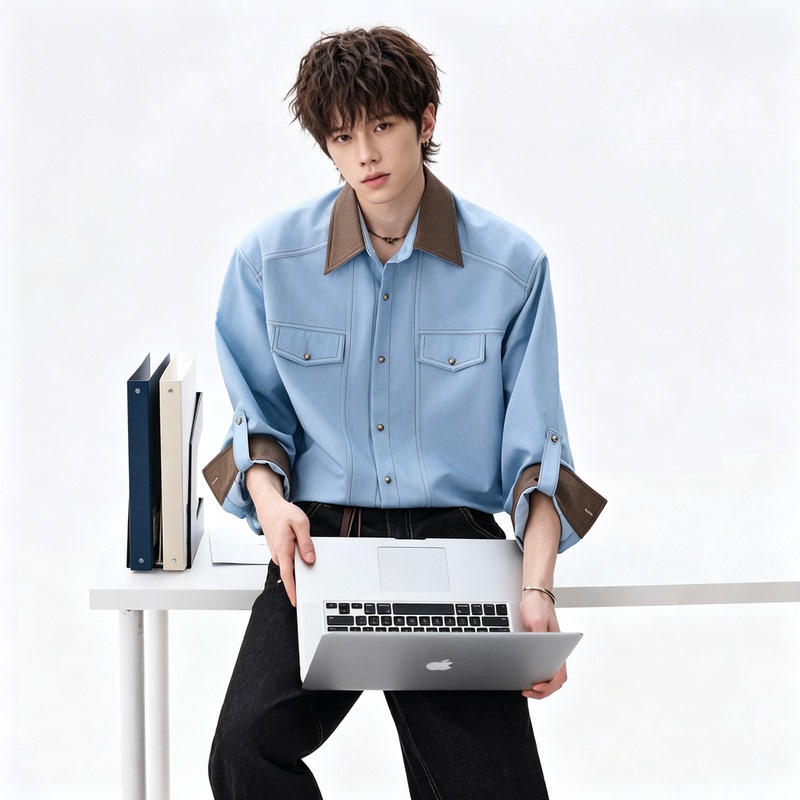 Chor High-End Light Luxury Old Money Style Ice Silk Denim Color-Blocked Collar Contrast Stitching Long-Sleeve Men's Loose Shirt Trendy