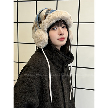 Taak korean ins plaid earmuffs ear protection hat lei feng hat women's autumn and winter japanese retro warm flying hat