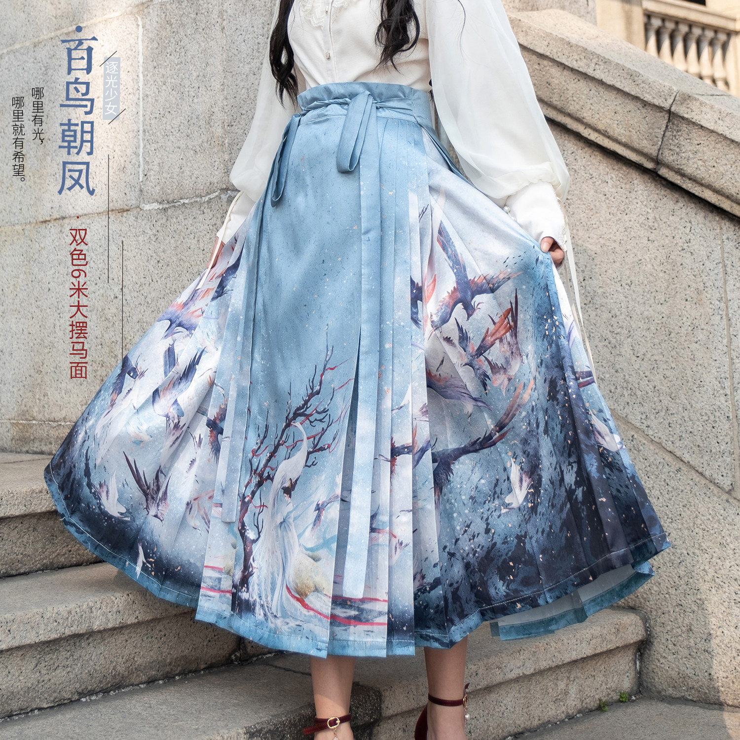 Shirt with Chinese clothing (birds facing phoenix goo goo goo) Ming medium long horse face printing 6 meters big pendulum spring and summer