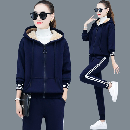 Спортивный костюм, бархатная толстовка с капюшоном, джинсы с начесом, комплект, большой размер, 2020