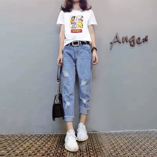 Весенняя летняя хлопковая футболка, штаны, джинсы, комплект, европейский стиль