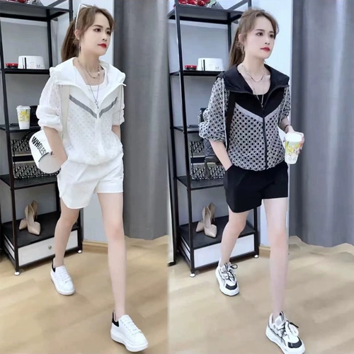 Летний комплект, шорты, кардиган с капюшоном для отдыха с молнией, в корейском стиле, свободный крой