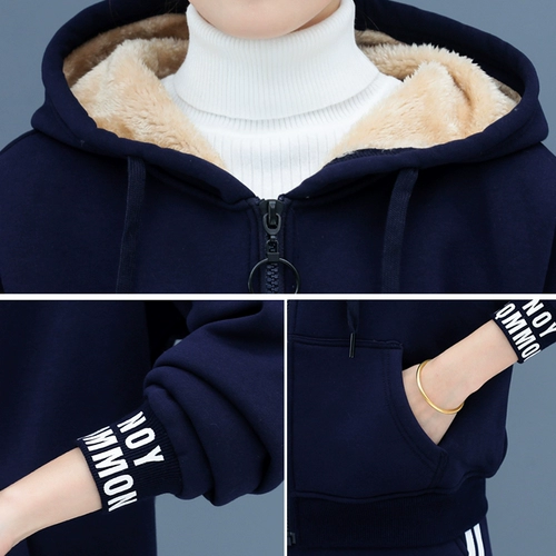 Спортивный костюм, бархатная толстовка с капюшоном, джинсы с начесом, комплект, большой размер, 2020