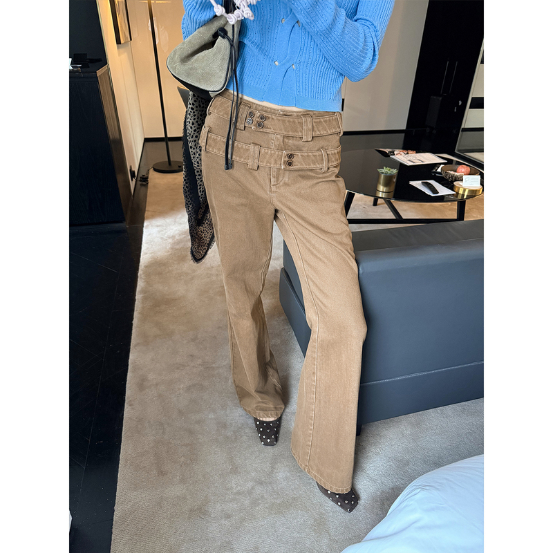70 Is Not Seventy, Double Waistband Design, Unique Straight-Leg Casual Pants for Women, Retro Style, Loose Fit, Slightly Flared Long Pants