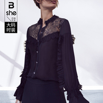 2020 new autumn large size womens lace chiffon shirt jacket foreign-aged fat sister shirt spring and autumn