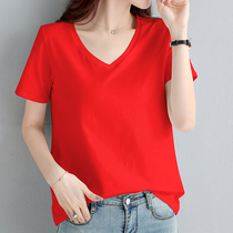 Red cotton loose V-neck short sleeve T-shirt female Korean jacket half sleeve ins tide chicken heart collar Joker shirt