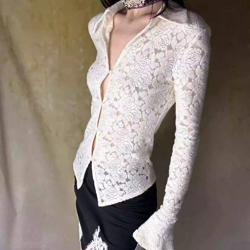 [Clearance No Restock] Yunmo Lace New Chinese Style Retro Hollow Rose Blouse Women's Spring/Summer Long Sleeve Slim Fit Top