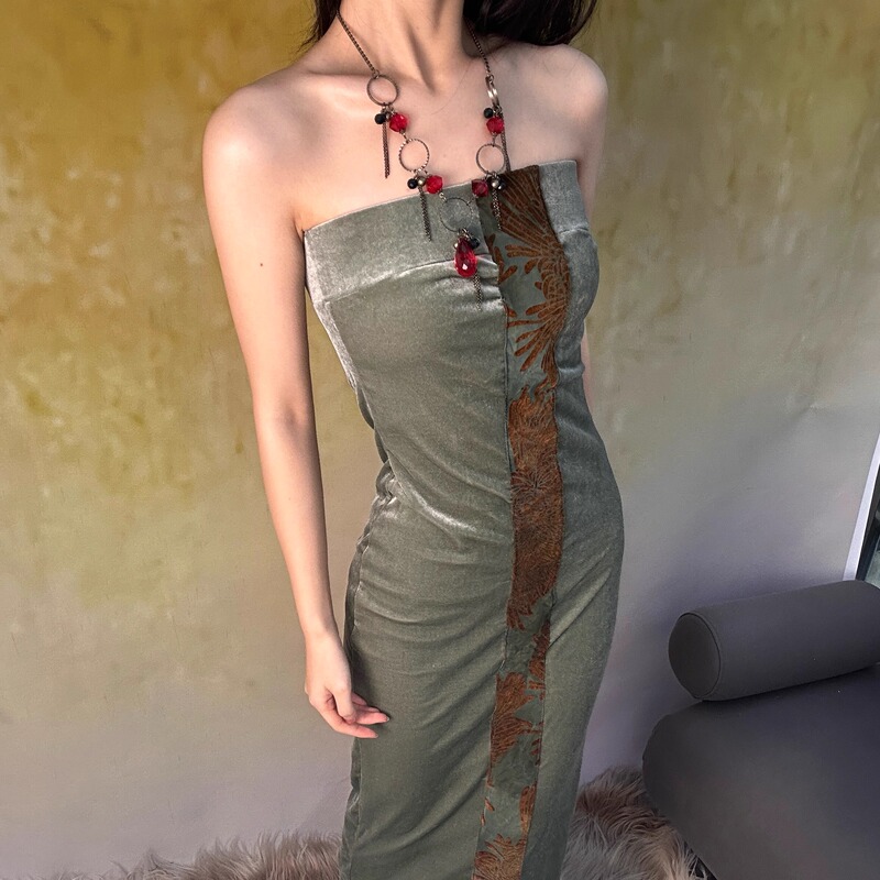 Rust Green Chrysanthemum Pattern New Chinese Style Spicy Girl Mist Green Velvet Stretchy Slim-Fit Tube Top Dress