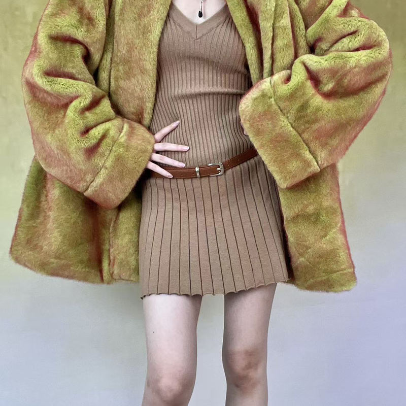Tundra Green Thick and Sturdy Faux Fur Golden Mink Eco-Friendly Fur Vintage Retro Niche Plush Coat