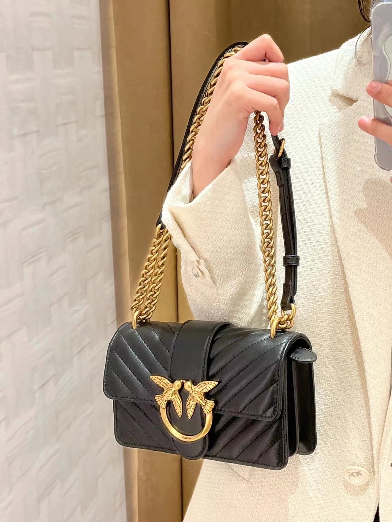 Hong Kong Pinko Yanzi Package High Sheep Leather Twill Woman Bag Chain Adjustable With Diagonal Satchel Fashion-Taobao