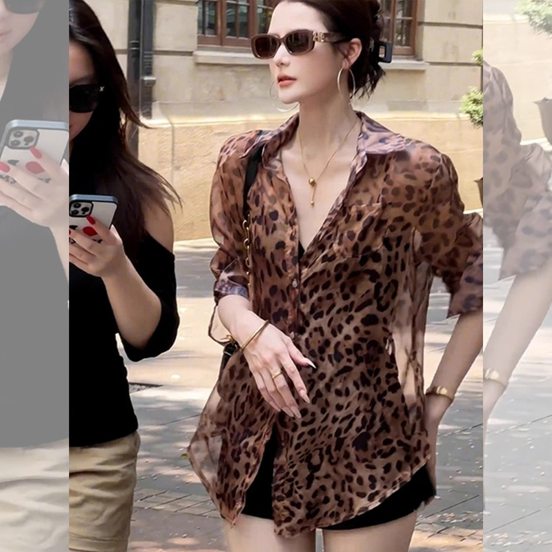 Trendy Leopard Print Sun Protection Shirt for Women, Summer 2025 New Style, High-End Casual Loose Fit, Slimming, Versatile Air-Conditioning Shirt Top Trendy Leopard Print Sun Protection Shirt for Women, Summer 2025 New Style, High-End Casual Loose Fit, Slimming, Versatile Air-Conditioning Shirt Top