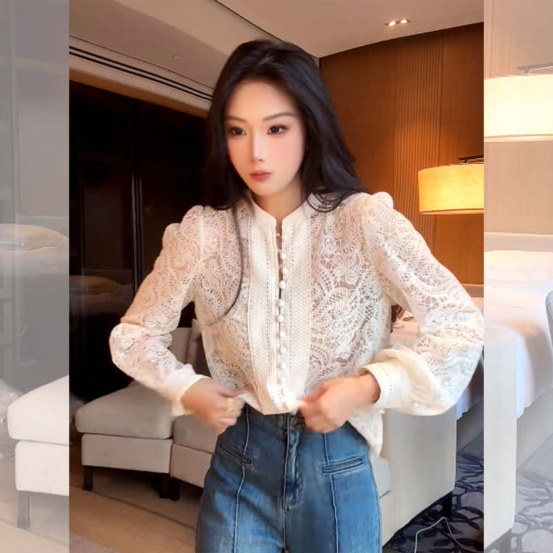 Heavy-Duty Crochet Hollow-Out Lace Base Shirt for Women, New Spring and Autumn Style, Beautiful, Casual, Loose, Slimming, Versatile Layering Top