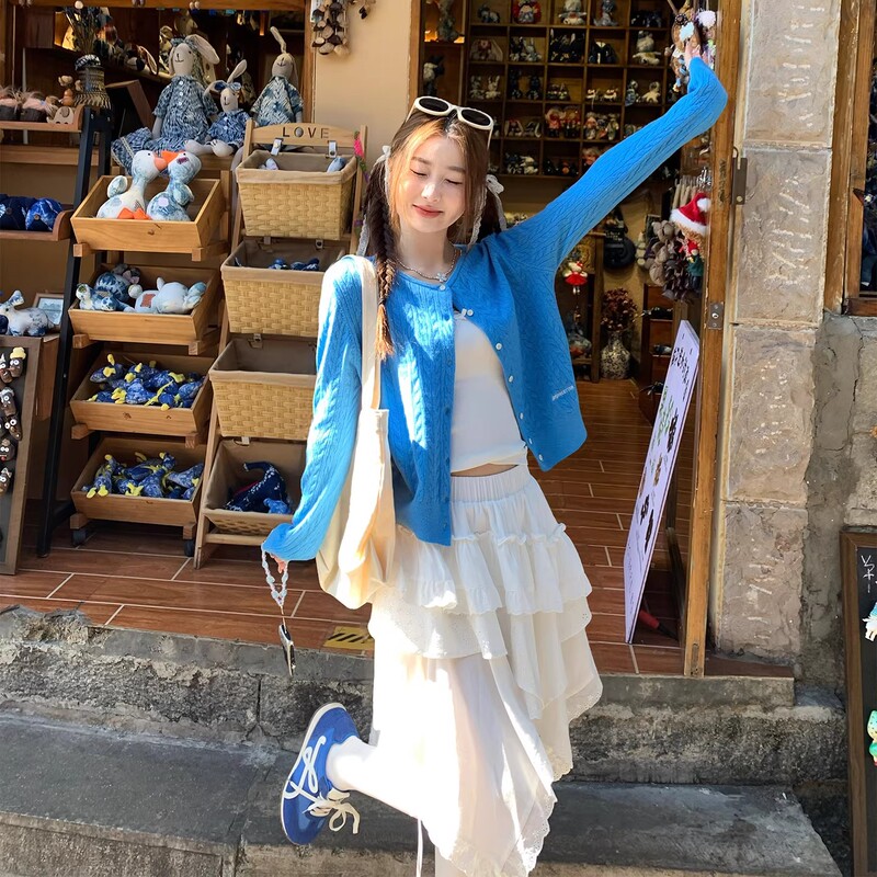 Klein Blue Cardigan Sweater for Women, 2026 New Style, Cable Knit Jacket, Early Spring Korean Style Outerwear