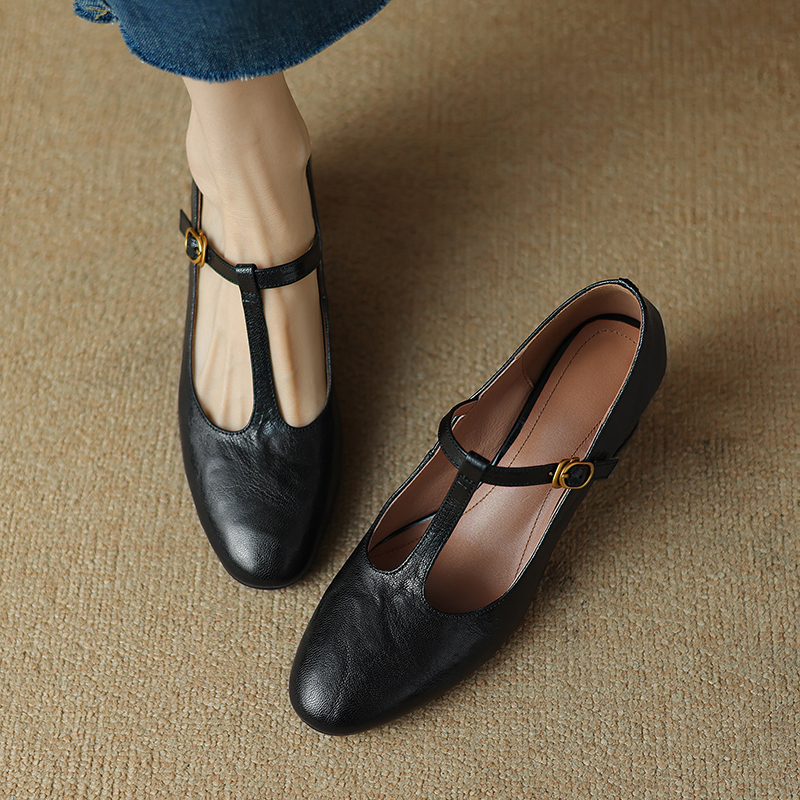 超ソフトなフレンチレトロメリージェーンハイヒール、女性用オールマッチの快適なラウンドトゥTストラップスモールレザーシューズ、本革の厚底シングルシューズ