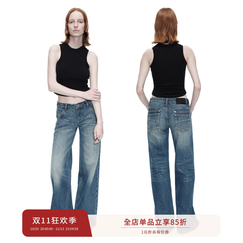 Smiiile Retro Washed Distressed Design Wide-Leg Jeans for Women, Low-Waisted, Autumn American-Style Loose Straight Pants