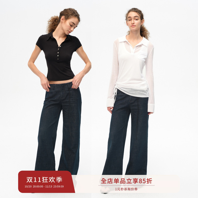 Smiiile Retro Original Color Washed No-Waistband Wide-Leg Jeans for Women, Low-Waist, Loose, Slimming Straight-Leg Pants for Autumn