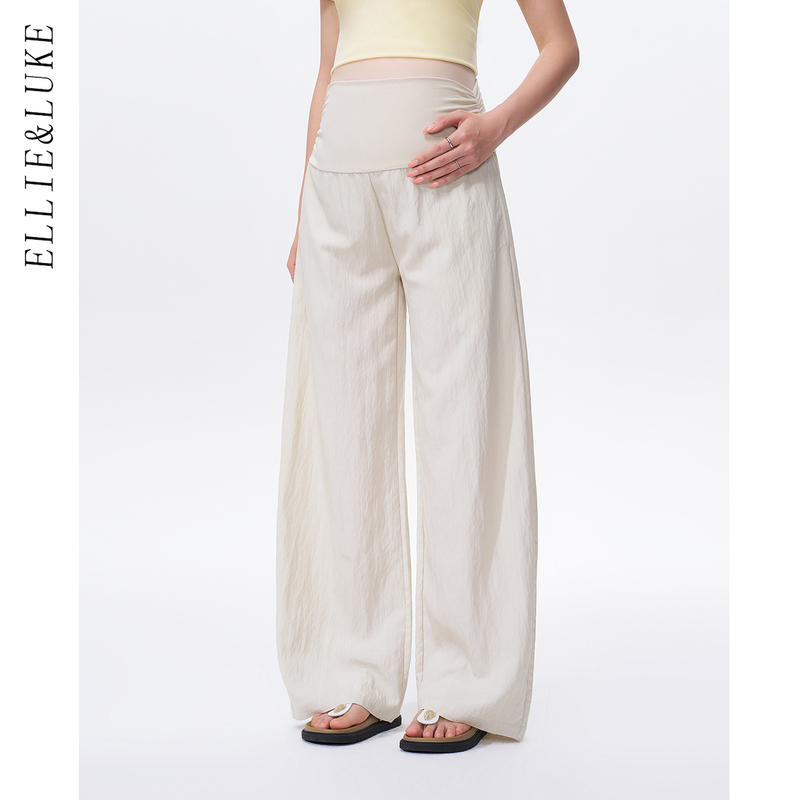 Ellieluke Maternity Pants, Summer Thin Style, Non-Constricting, White Wide-Leg Pants, Autumn Wear, Floor-Length Belly Support Pants