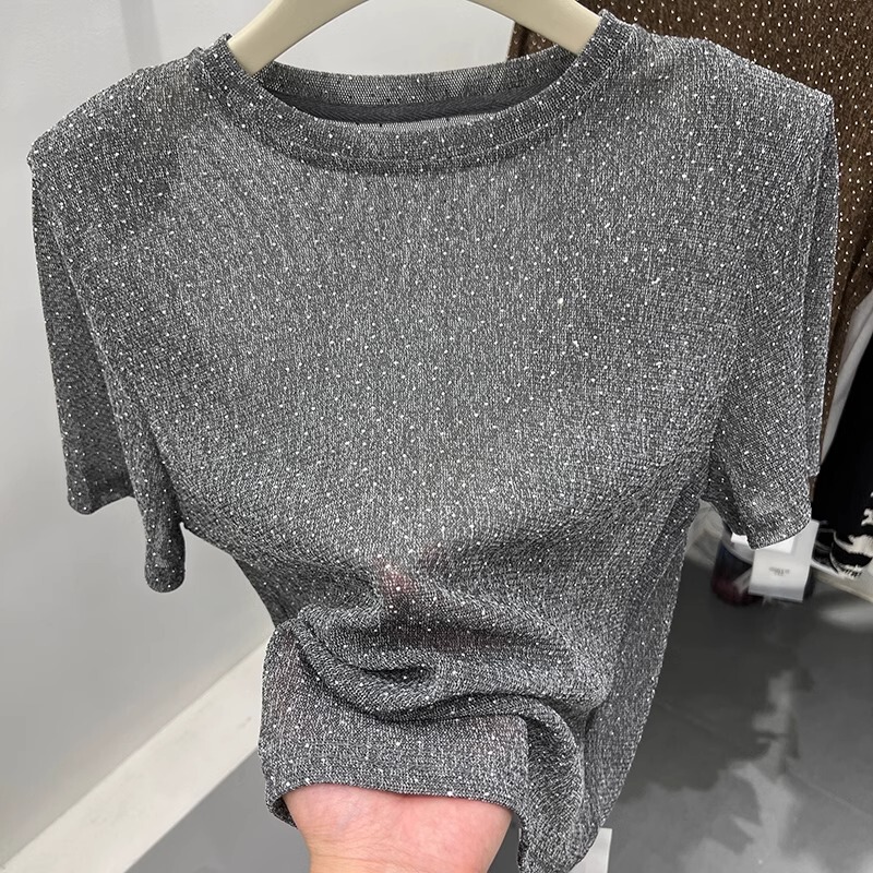 Gray Shiny Silk Rhinestone Shoulder Pad Short-Sleeve T-Shirt for Women, 2026 Summer New Style, Trendy Top, Thin Mesh Base Shirt