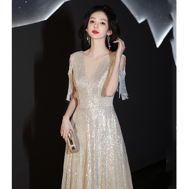 Nail sequins, high advanced evening dress, elite design piano, long skirt, champagne color, high-quality style, light luxury style, trend of season