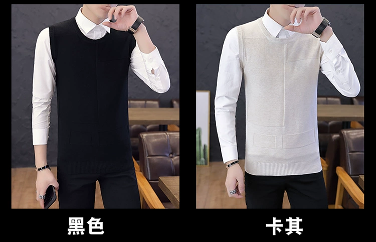 Áo len không tay vest nam v-cổ đan len vest mùa thu và mùa đông tóc vest vai thanh niên Hàn Quốc áo vest nam áo len không tay nam