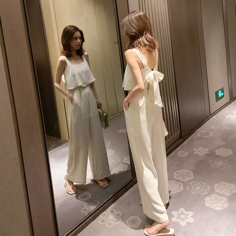 シフォンホルターネックジャンプスーツ（女性用）、サマースタイル、背中開き、エレガントなジャンプスーツ、小柄な女性向けワイドレッグパンツセット